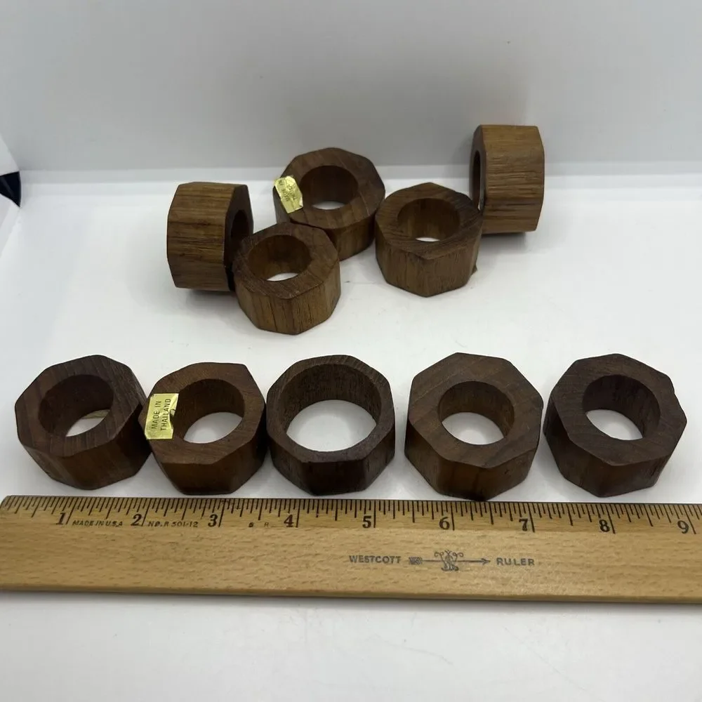 Hand Crafted Teak Wood Round Napkin Rings‎ Made in Thailand Set of 10